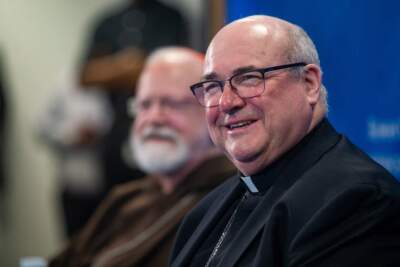 Archbishop-elect Richard Henning addresses questions from the media at a press conference on Cardinal Séan O’Malley's planned retirement (Jesse Costa/WBUR)