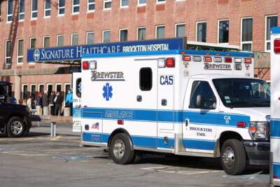 An ambulance outside Brockton Hospital on Feb. 7, 2023, the day of the fire. (Courtesy Brewster Ambulance Service)