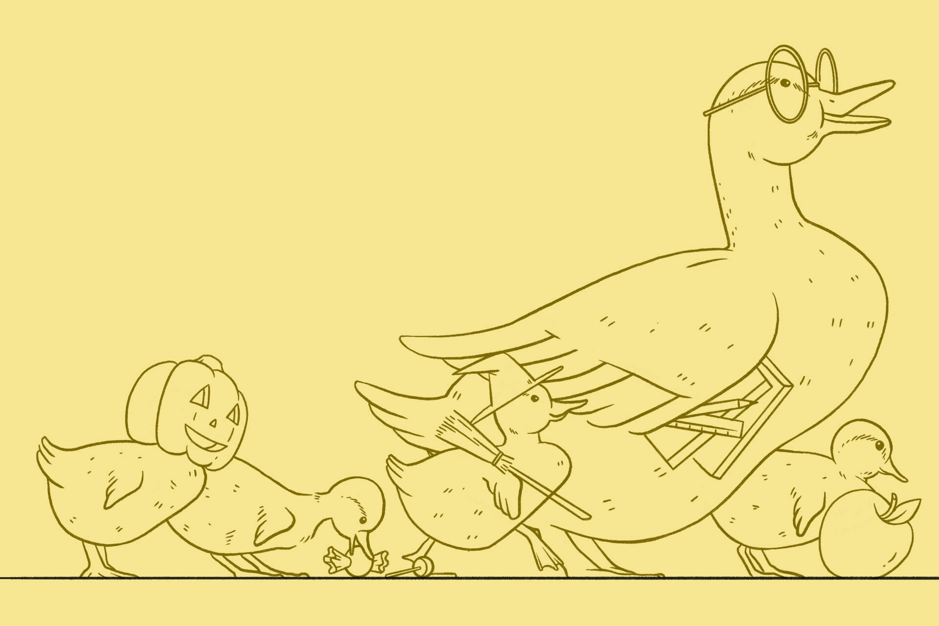 An illustration inspired by Nancy Schön's "Make Way For Ducklings" sculpture. The ducklings in the illustration are dressed for fall weather and events. (Midoriko Grace Abe for WBUR)