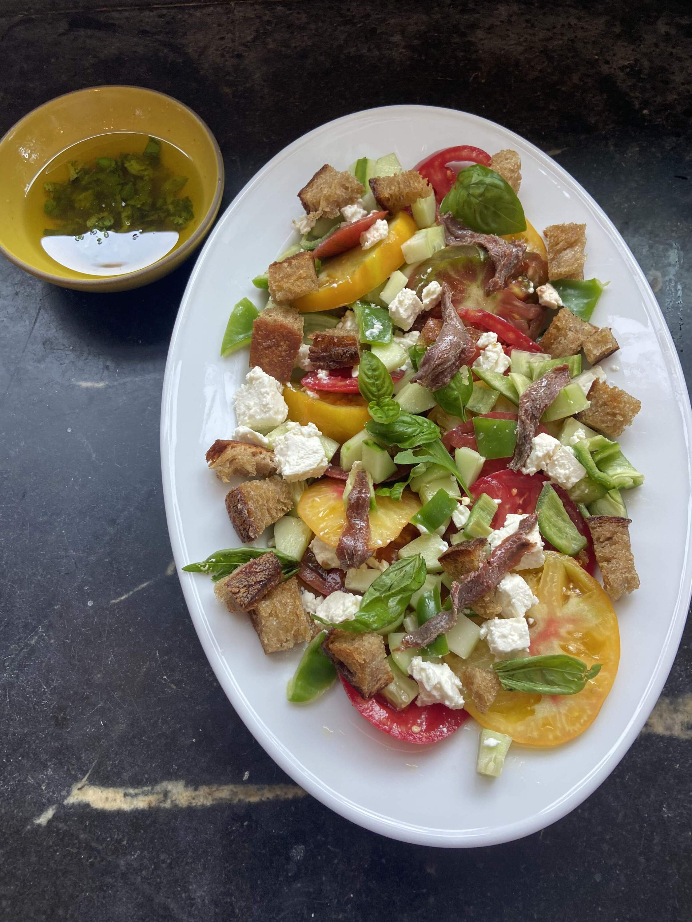 Greek-style tomato salad. (Kathy Gunst/Here & Now)