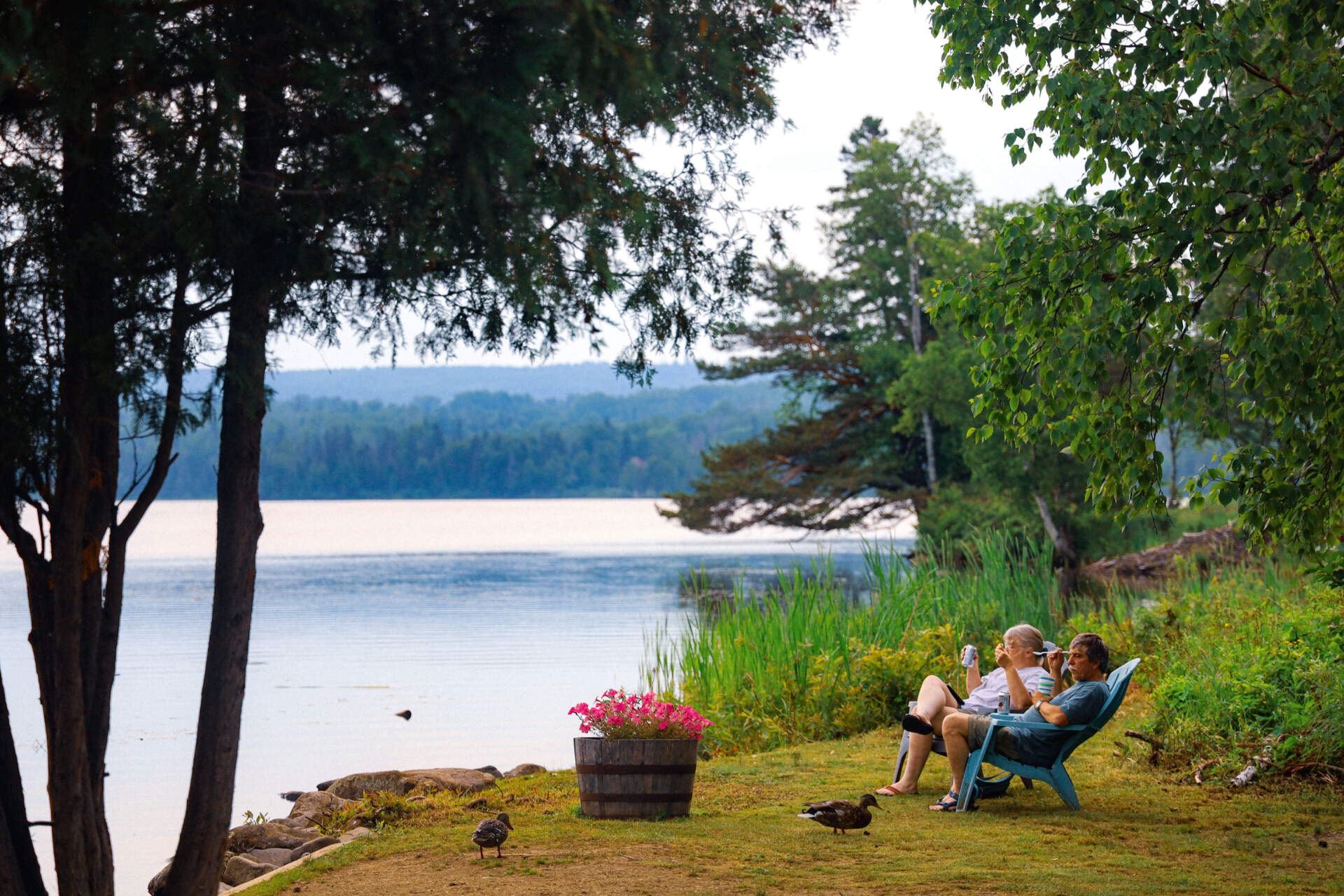 A couple eats ice cream by Haley Pond in Rangeley, Maine, on June 19. (Esta Pratt Kielley/Maine Public)